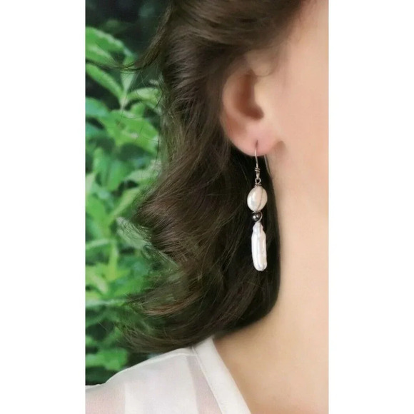 Sterling Silver White and Black Pearl Earrings Dangle Drop Earrings - Picture 3 of 7